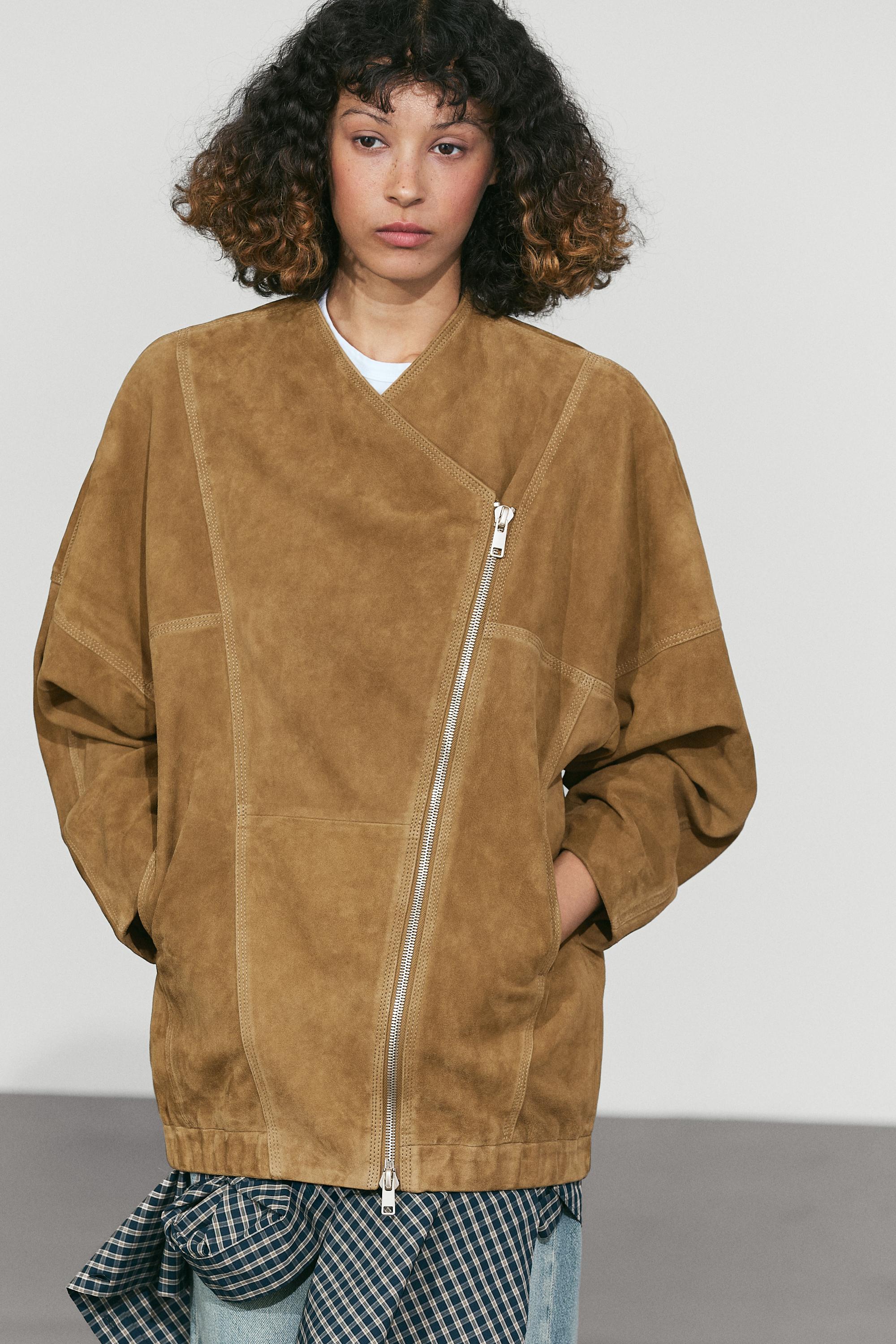 Asymmetrical suede leather zip-up jacket — Light brown