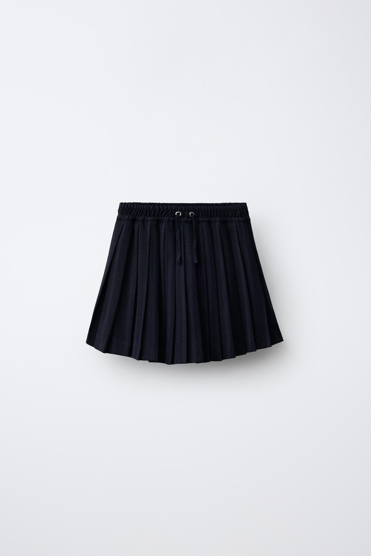 STRIPED PLEATED SKIRT — Navy blue