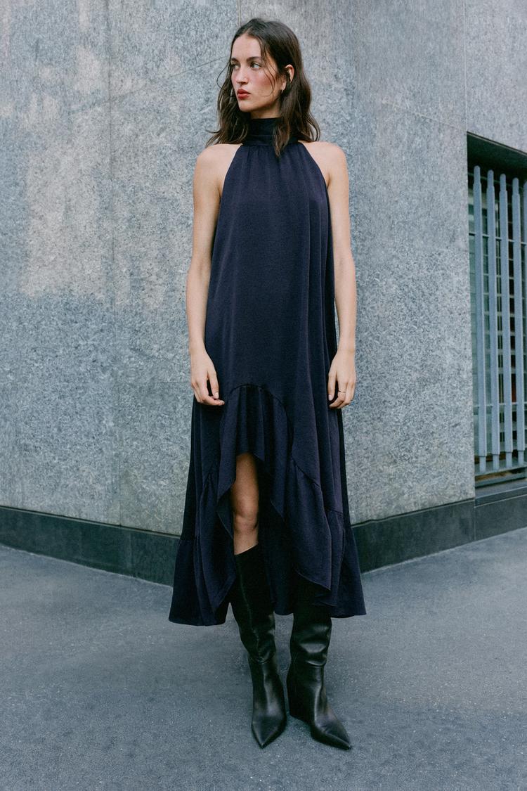 RUFFLED HEM HALTER midi dress