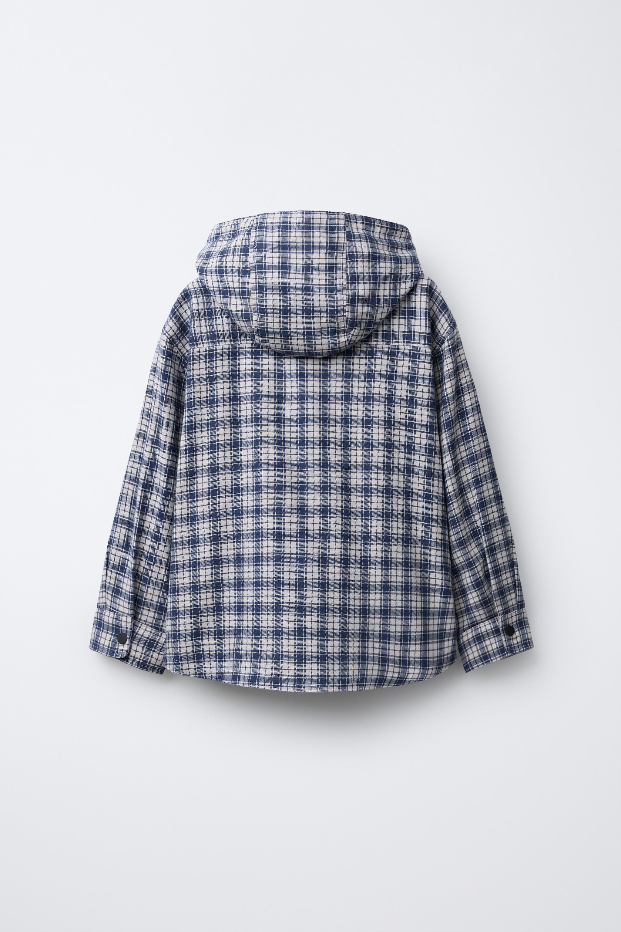 フード付きチェック柄シャツジャケット - ブルー | ZARA Japan / 日本
