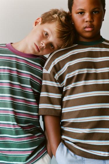 Zara STRIPED PRINT T-SHIRT - Brown