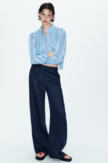 Zara ROMANTIC EMBROIDERED EYELET BLOUSE - Blue / White
