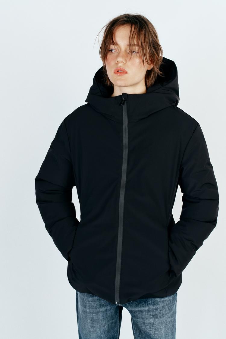 SHORT PADDED HOODIE ANORAK — Black