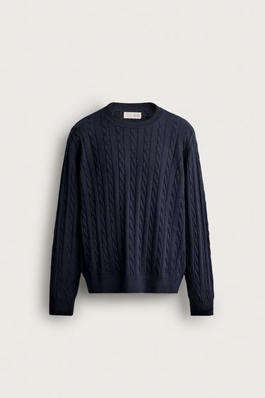 COTTON-WOOL CABLE KNIT SWEATER — Navy blue 1
