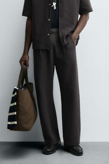 Zara STRIPED SEERSUCKER COMFORT PANTS - Brown-Blue