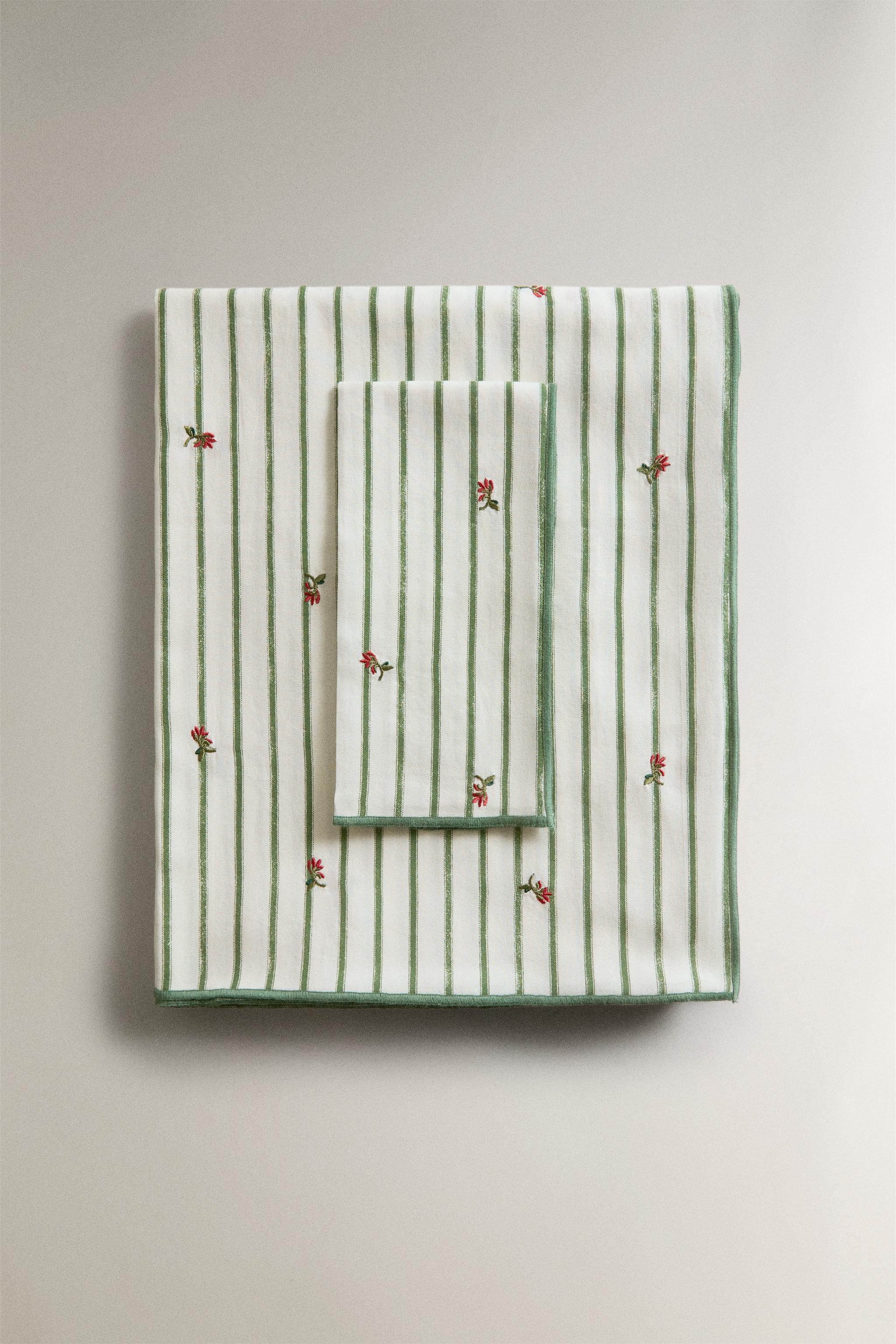 STRIPED TABLECLOTH WITH FLORAL EMBROIDERY