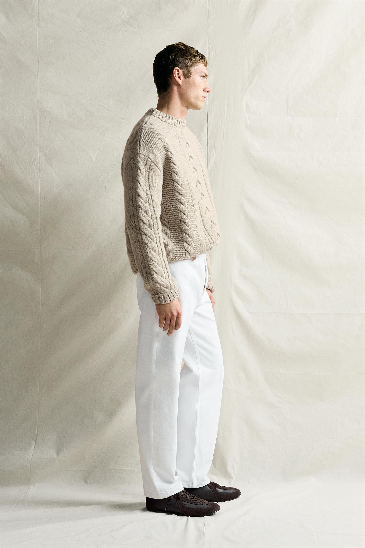 Мужской свитер Zara 100% Wool Cable-Knit Botonato Jumper, цвет: Песочный / Меланжевый — фото 4