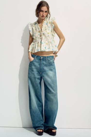 RUFFLED FLORAL TOP - Ecru / Blue by Zara