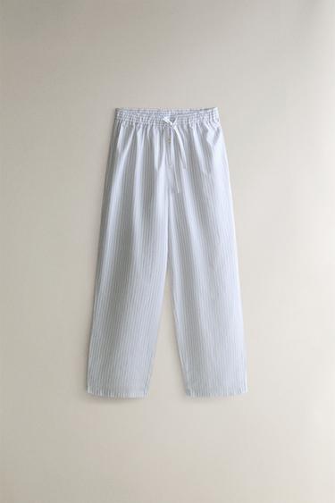 STRIPED COTTON POPLIN TROUSERS - Blue by Zara - Image 0