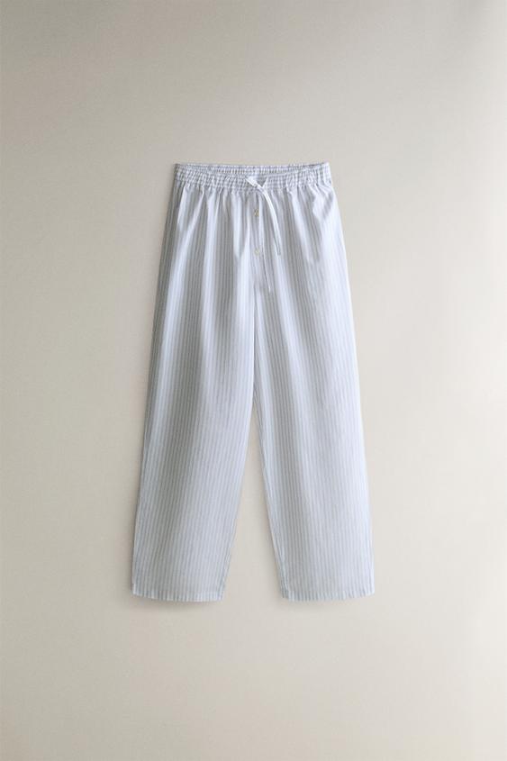 Zara STRIPED POPLIN COTTON TROUSERS - Blue - Image 0