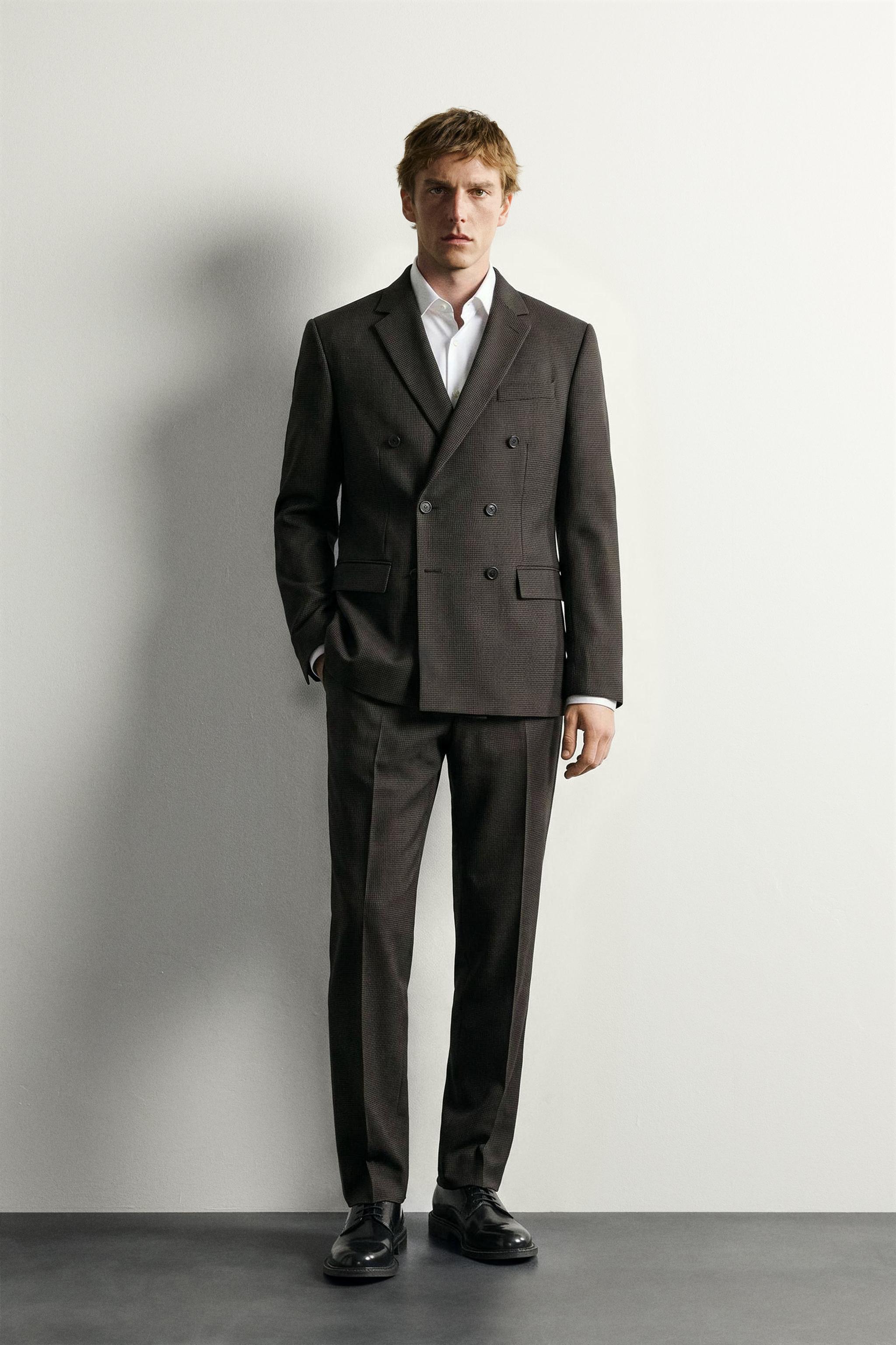 ZARA ダブルブレスト仕様ウールブレザー 定価22,990円 ウール混ハウンドトゥース ダブルブレストスーツブレザー - ブラック