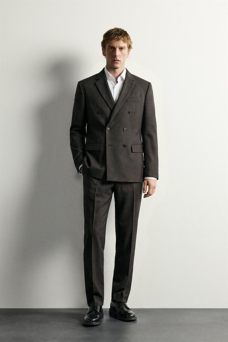WOOL-BLEND HOUNDSTOOTH DOUBLE-BREASTED SUIT BLAZER — Black / Brown