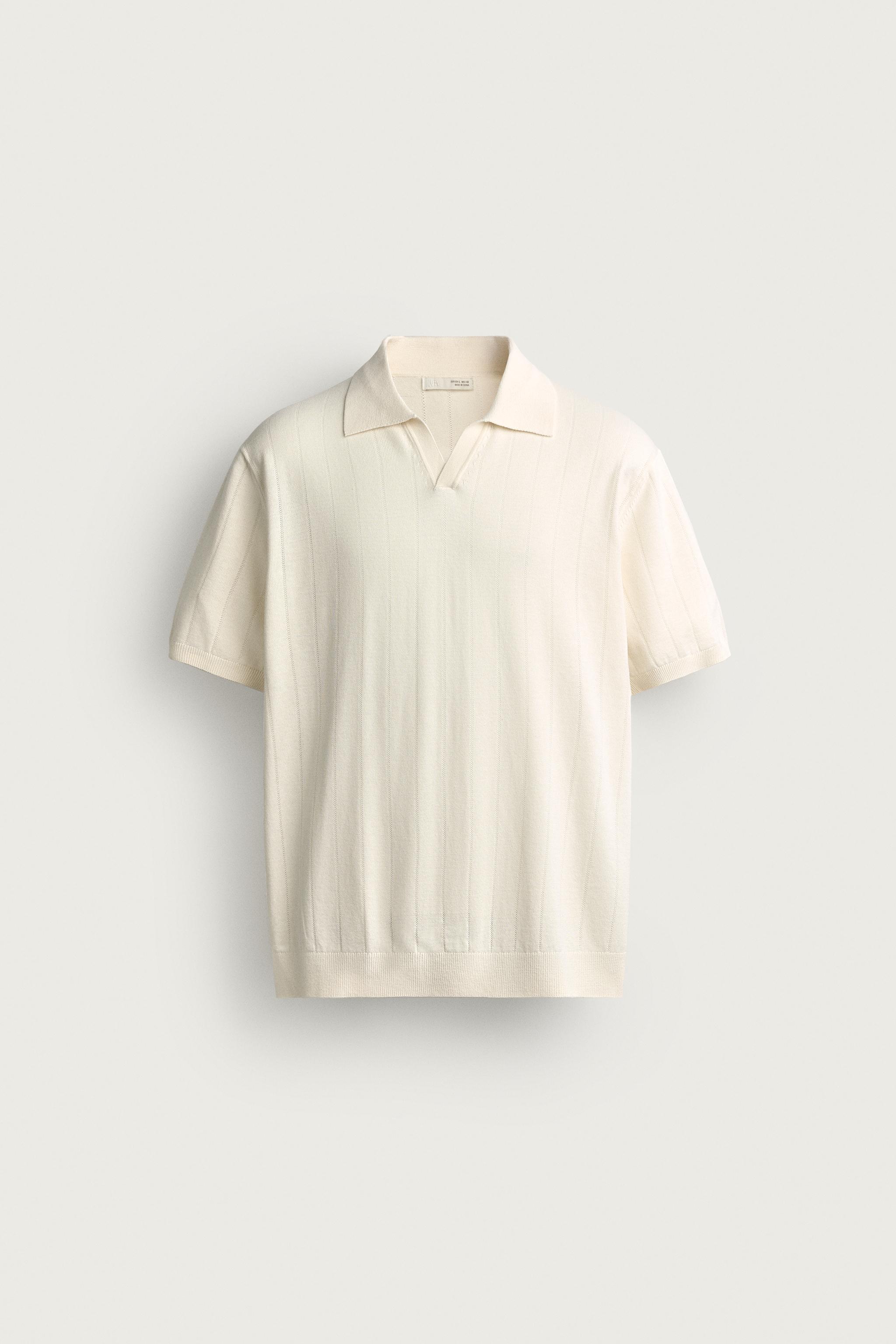 REGULAR FIT RIBBED KNIT POLO — Ecru
