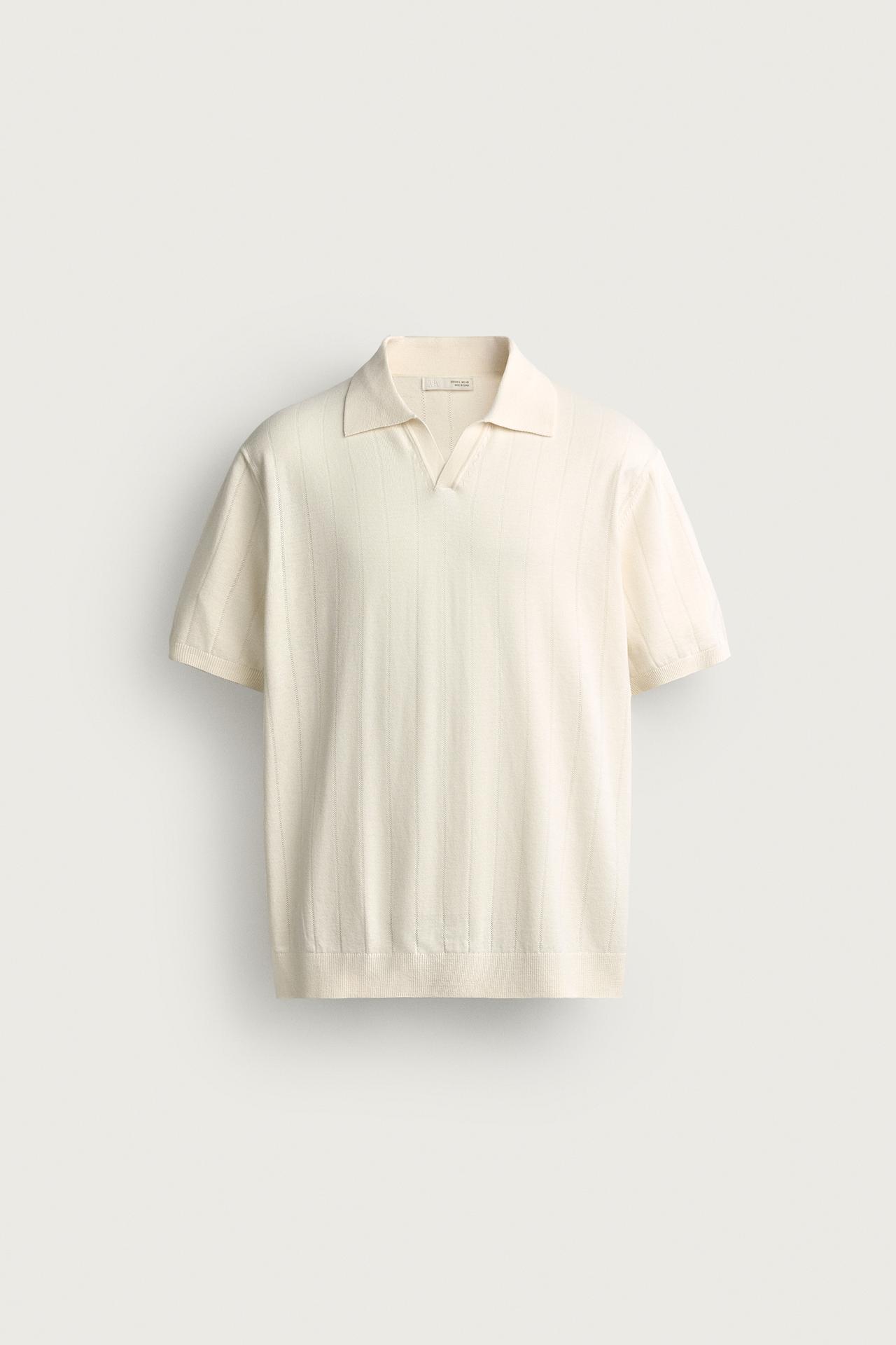 REGULAR FIT RIBBED KNIT POLO — Ecru