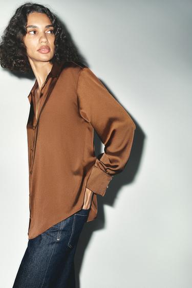 SATIN BASIC SHIRT - Dark brown by Zara