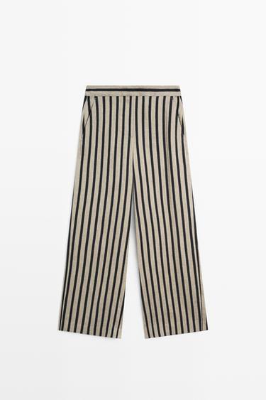 Zara Striped linen blend wide-leg trousers - Sand - Image 0