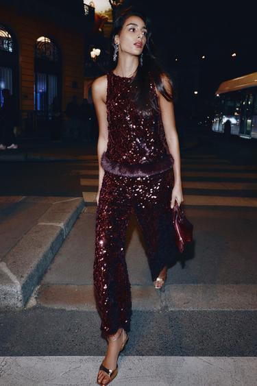 SEQUIN TOP WITH FAUX FUR HEM - GARNET by Zara