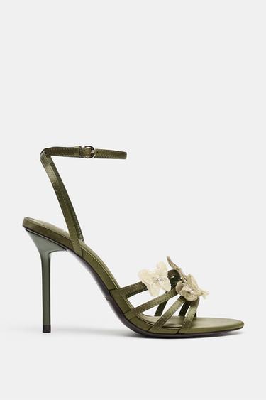 SATIN-EFFECT SANDALS WITH APPLIQUÉS - Khaki Green by Zara - Image 0