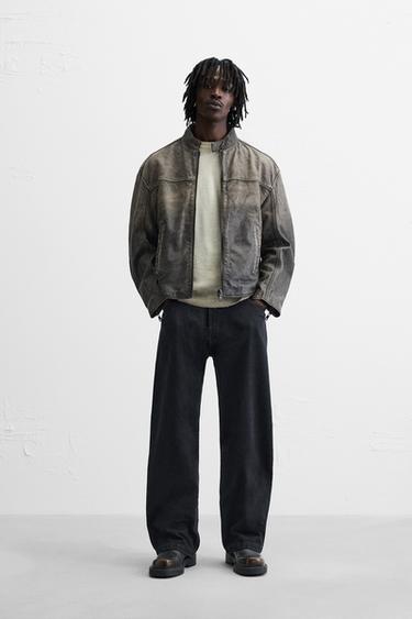 WASHED LEATHER BIKER JACKET - Grey marl by Zara - Image 0