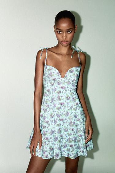 Zara FLORAL POPLIN DRESS - Turquoise