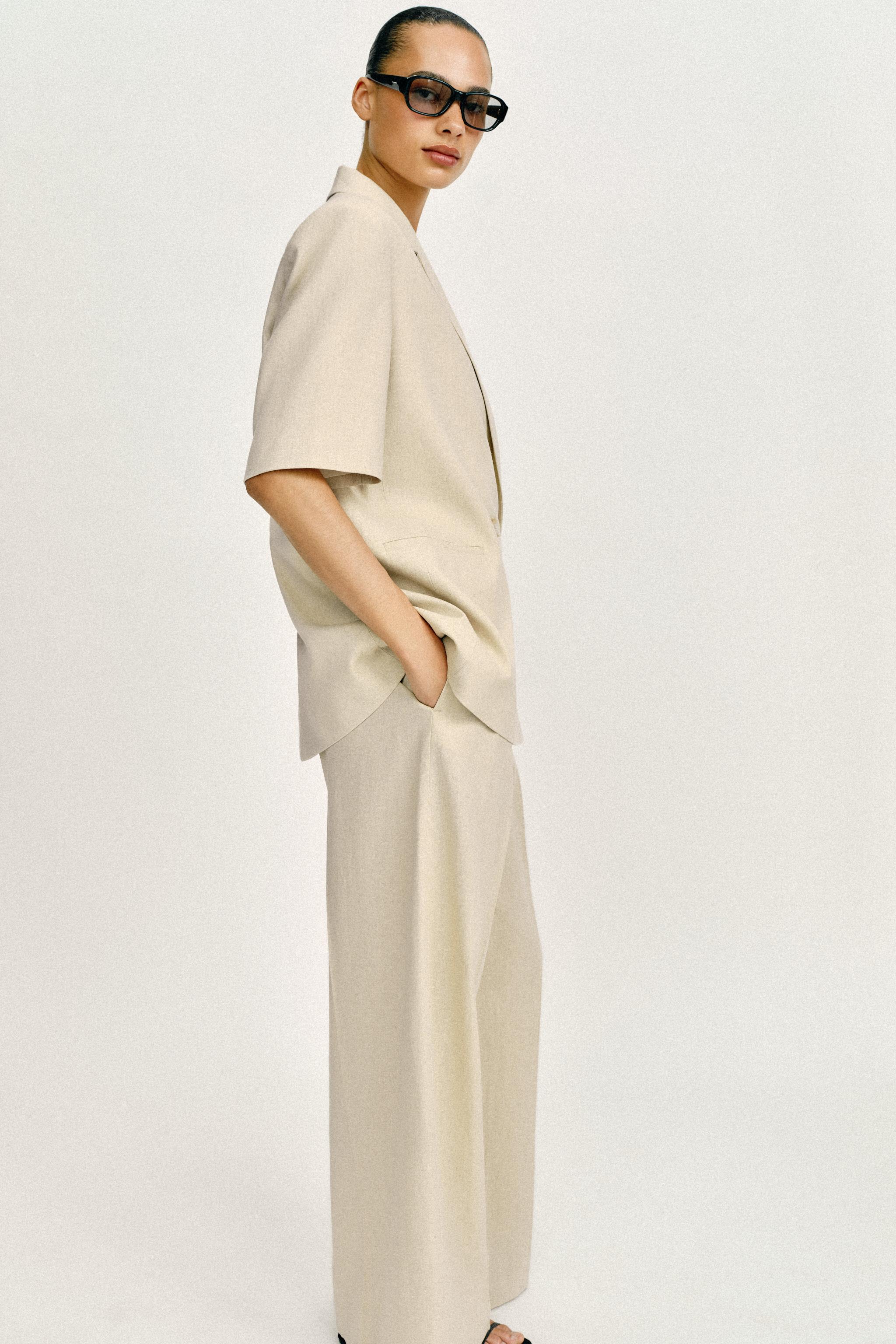 SHORT SLEEVE LINEN BLEND DOUBLE BREASTED BLAZER