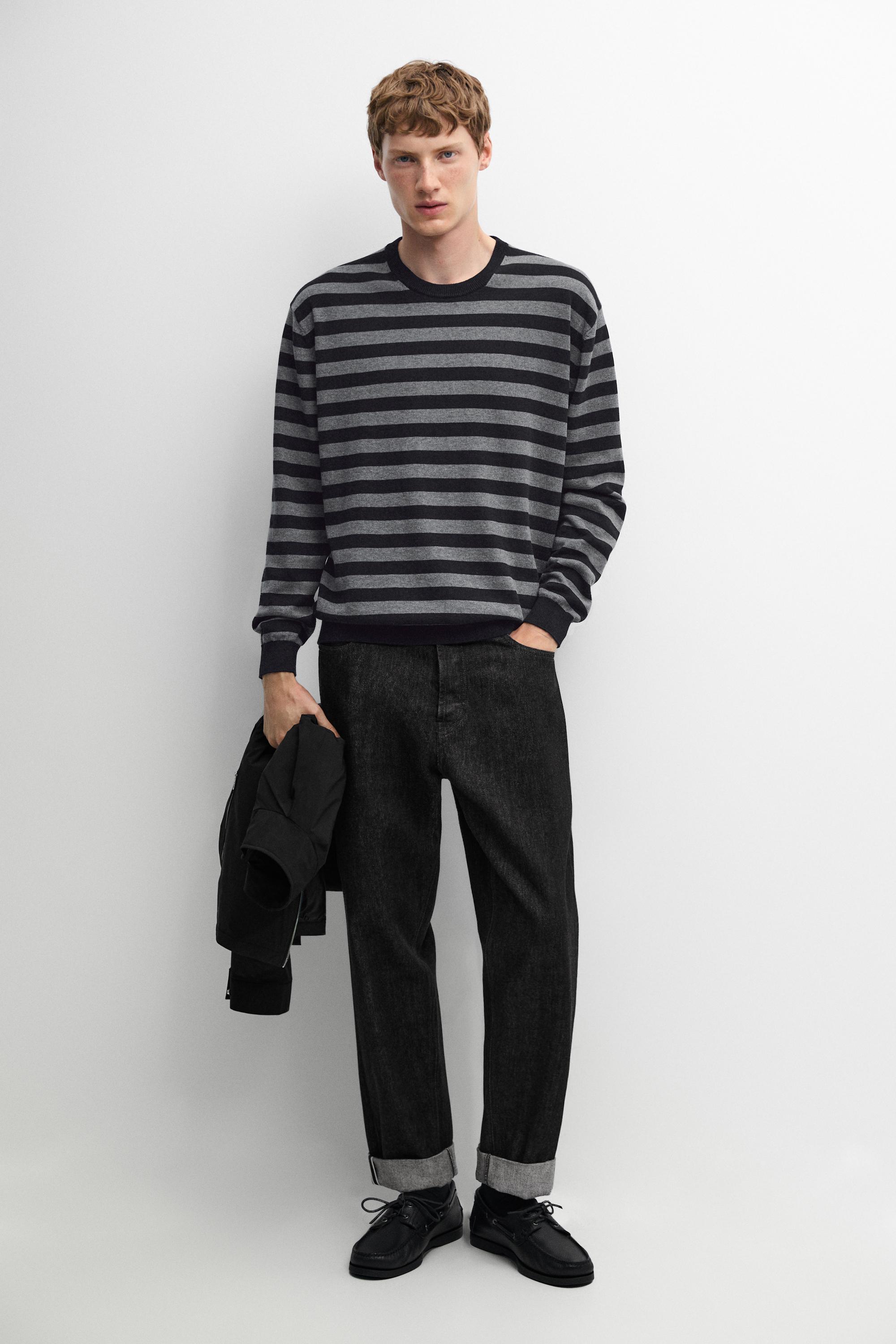 Cotton blend striped knit sweater — Navy blue