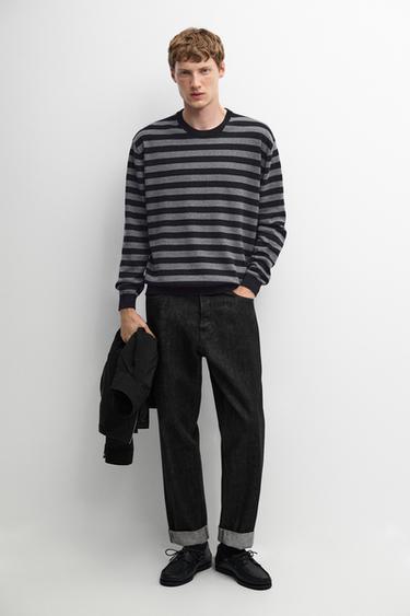 Zara Cotton blend striped knit sweater - Navy blue - Image 0