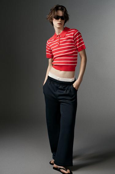 GESTREEPTE TRICOT POLO MET KORTE MOUWEN - Rood van Zara