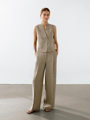 Zara Linen blend pleated trousers - Beige - Image 0