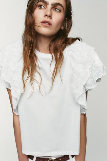 Zara SHORT SLEEVE RUFFLE T-SHIRT - White