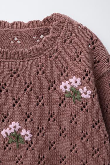 Zara OPENWORK KNIT EMBROIDERED SWEATER - Pink / Mauve