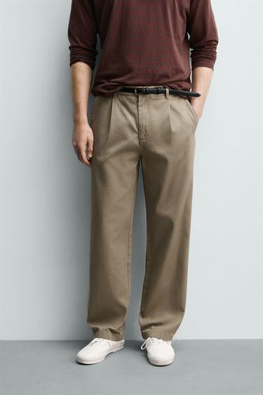 Zara RELAXED FIT PLEATED CHINO PANTS - Beige