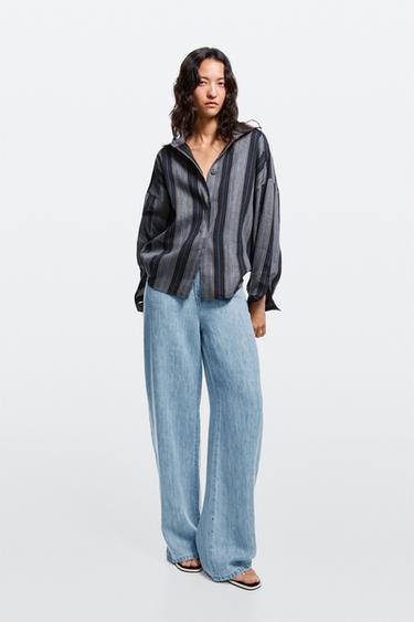 Zara 100% linen high-waist barrel fit jeans - Light blue - Image 0