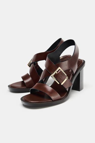 LEATHER HIGH-HEEL SANDALS WITH BUCKLE - Brown by Zara - Image 3