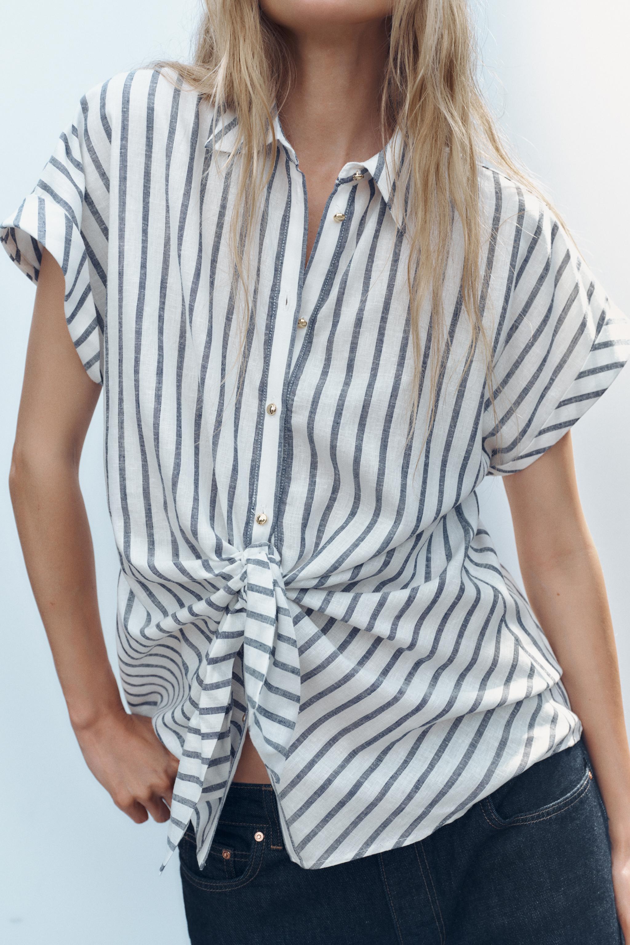 リネン混ストライプシャツ - 青色/白色 | ZARA Japan / 日本