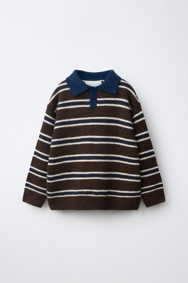 STRIPED KNIT POLO — Brown 1