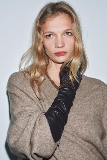 100% LEATHER LONG GLOVES - Chocolate by Zara