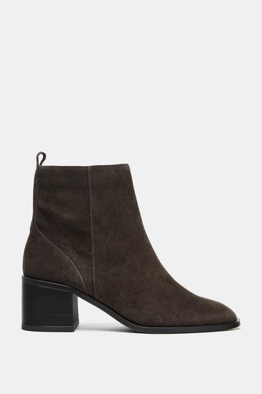 SPLIT SUEDE BLOCK HEEL ANKLE BOOTS - Brown by Zara - Image 0
