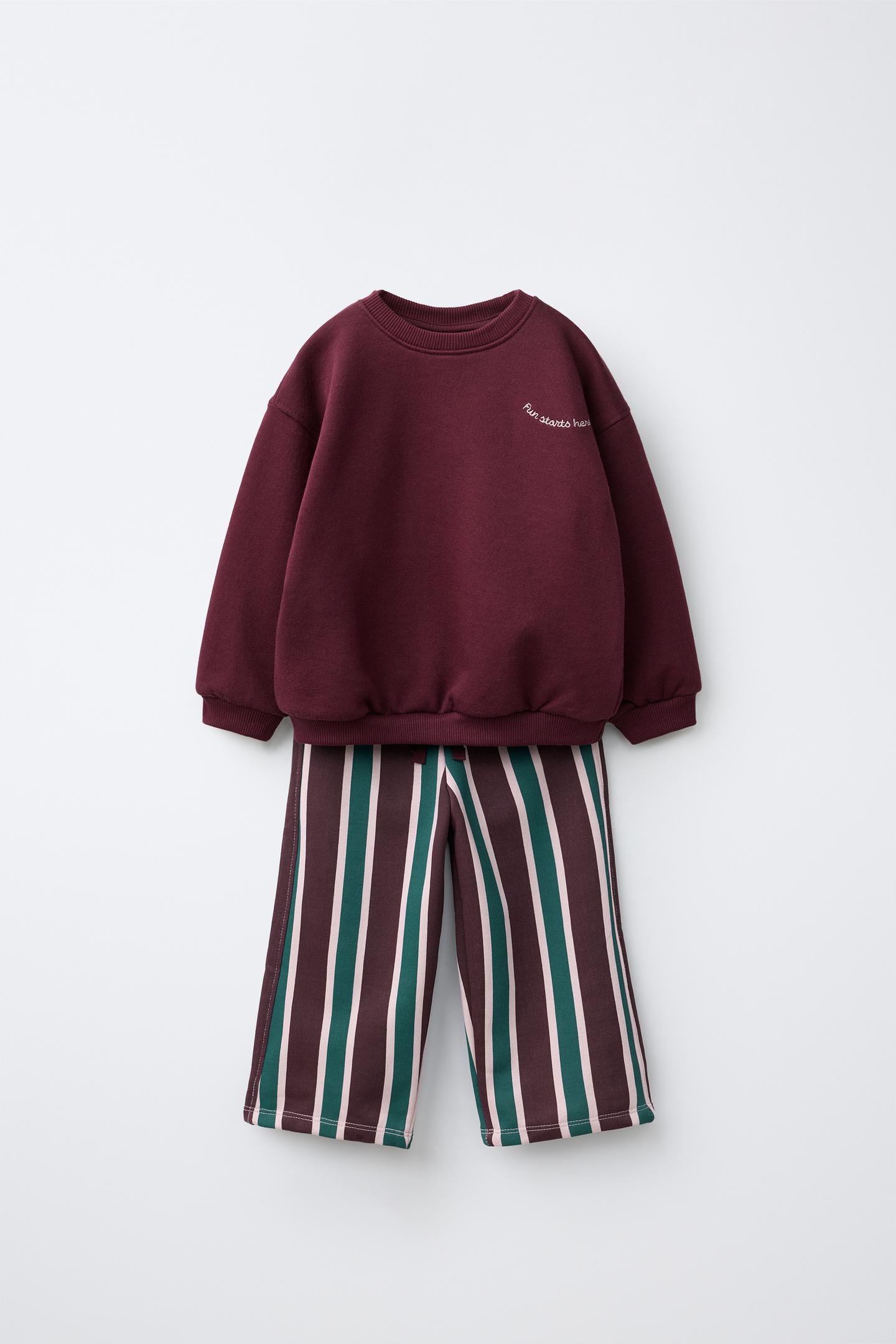 Детские комплекты Zara Striped Wide Leg Sweatshirt and Pants Jogging Set, цвет: Бордовый — фото 1