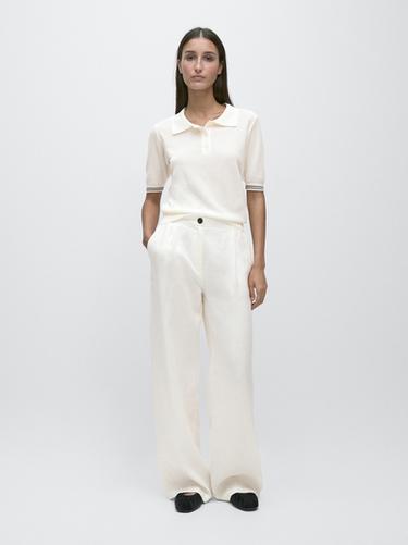 Zara 100% linen wide-leg elasticated trousers - Oyster-white - Image 0