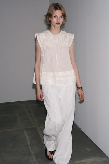 Zara ZW COLLECTION EMBROIDERED BLOUSE - Ecru