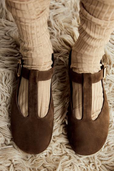 SUEDE BUCKLE BALLERINAS - Dark tan by Zara