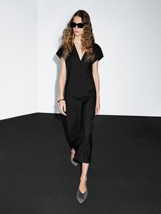 Long wool blend V-neck dress