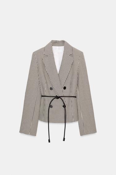 ギンガムチェック柄ベルト付きブレザーエクリュ/ブラックZaraのギンガムチェック柄ベルト付きブレザー - エクリュ/ブラック 