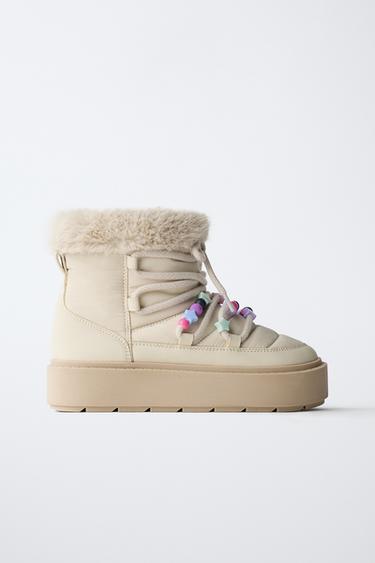 Zara BEADED FAUX FUR ANKLE BOOTS - Off White