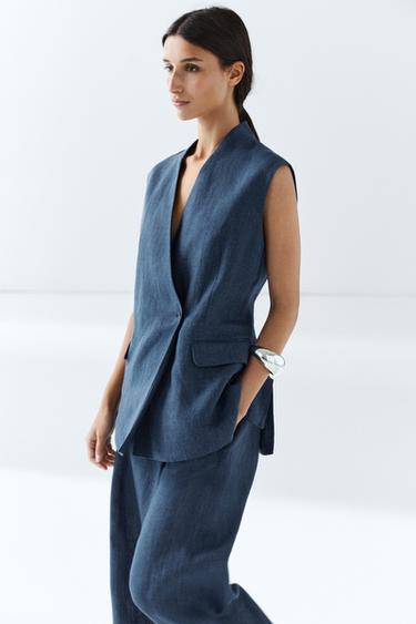 Linen crossover total look vest — Navy blue 2