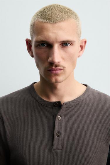 Zara COTTON-HEMP BUTTON-NECK T-SHIRT - Earth