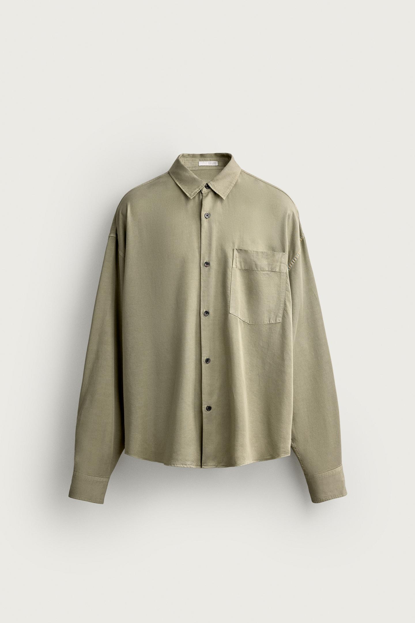 Мужская рубашка Zara Relaxed-Fit Fluid, цвет: Зелёный — фото 7