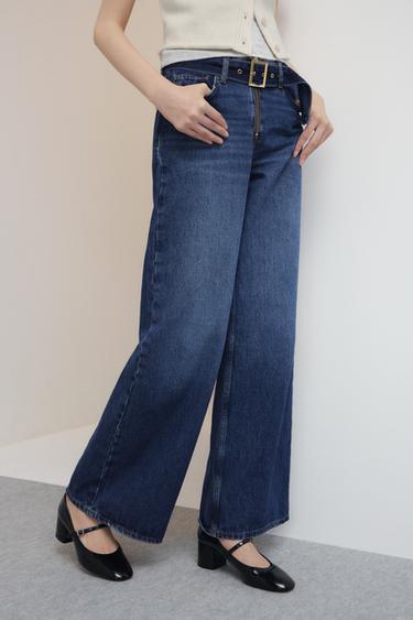 MID-WAIST BELTED WIDE-LEG JEANS - Mid-blue by Zara