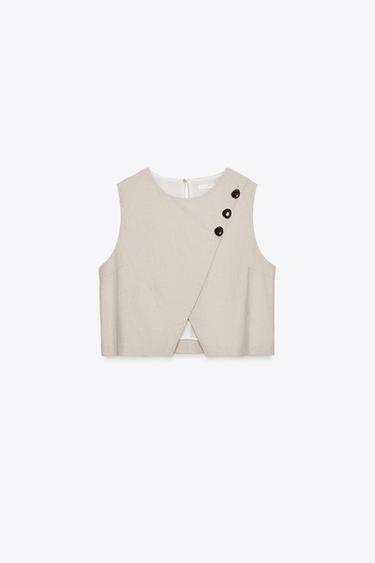 SHORT CROSSOVER LINEN BLEND TOP - Light beige by Zara - Image 3